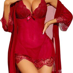 Women Sexy Lingerie Set 3 Piece Babydoll & Lace Kimono Robe Strap Chemise Sleepw